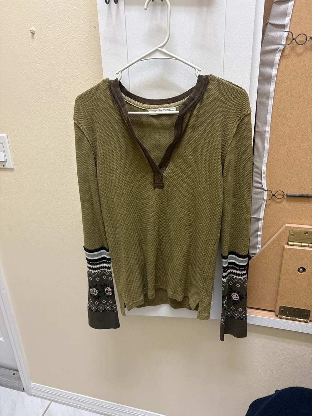 Free People We The Free Snowy Thermal Waffle Knit Top Olive Green Size Large